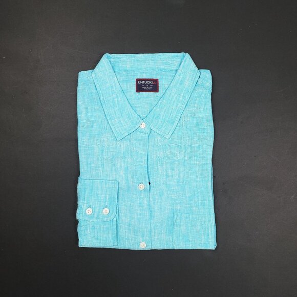 UNTUCKit Blush-Aqua Button-Up Shirt Womens Size 8 Aqua Blue Linen LS Regular Fit - Picture 13 of 14